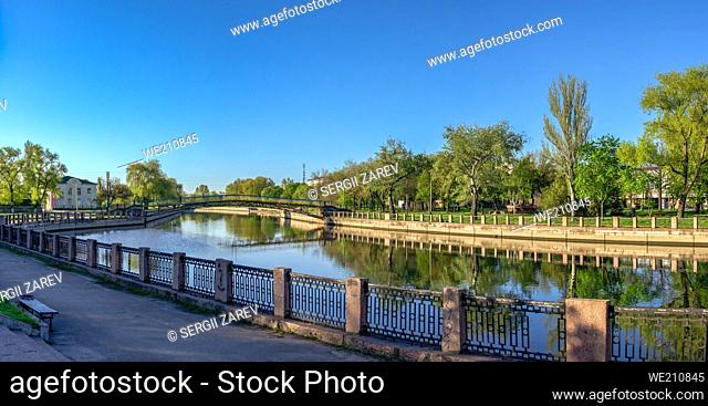 Ingul river embankment in Kropyvnytskyi, Ukraine, on a sunny spring morning