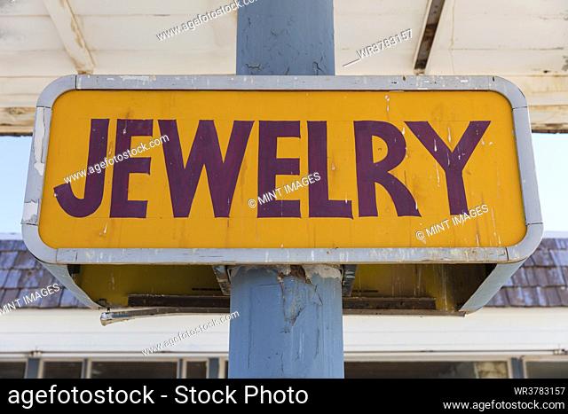 JEWELRY sign at abandoned tourist rest stop shop