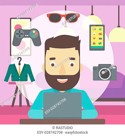 A hipster man with the beard sitting in front of laptop and some icons of goods around him on the background of living room vector flat design illustration