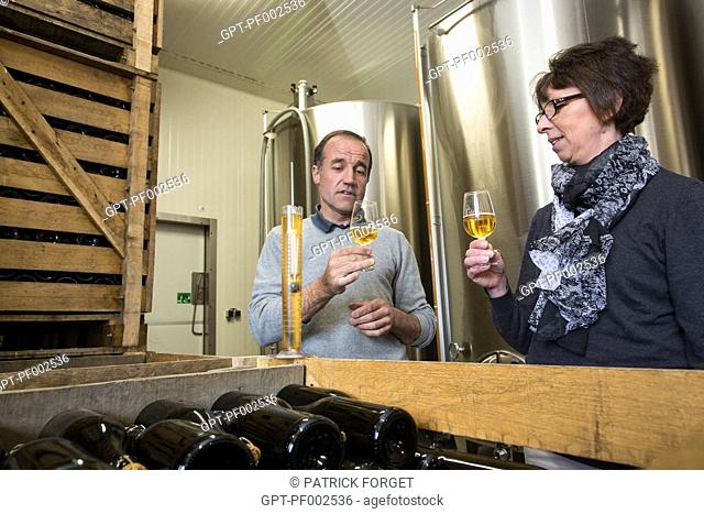 NATHALIE DE WEVER, SHOP OWNER AND MEMBER OF THE LOCAVORE MOVEMENT, TASTING CIDER MADE BY ERIC DORE, CIDER-MAKER, IN THE CELLARS OF THE PRESSOIR D'OR, BOISEMONT