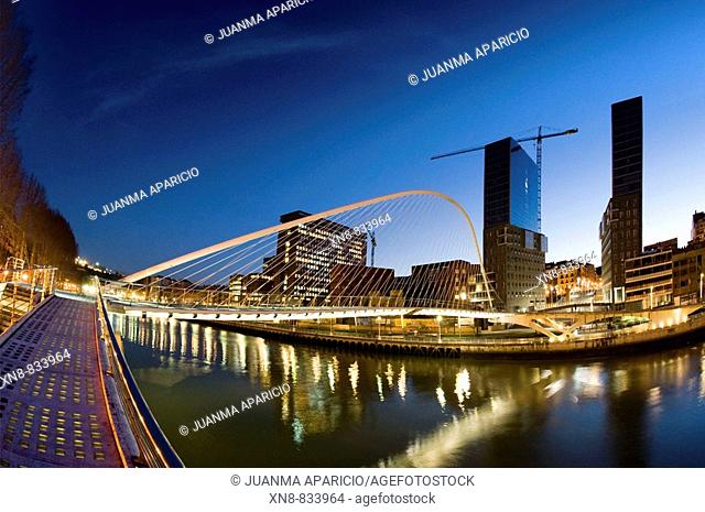 Vista de la ria de Bilbao con el puente Zubizuri del Arquitecto Santiago Calatrava