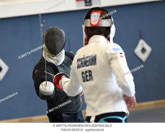 Modern pentathlete Lena Schoeneborn and her coach Kim Raisner in action during a media day for the Olympic Games 2016 in Rio de Janeiro