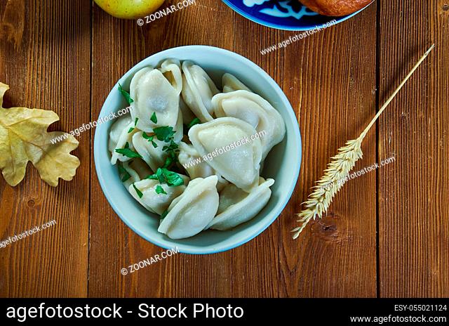 Pilmen, dumplings, Tatar national cuisine, Traditional assorted Asia dishes, Top view