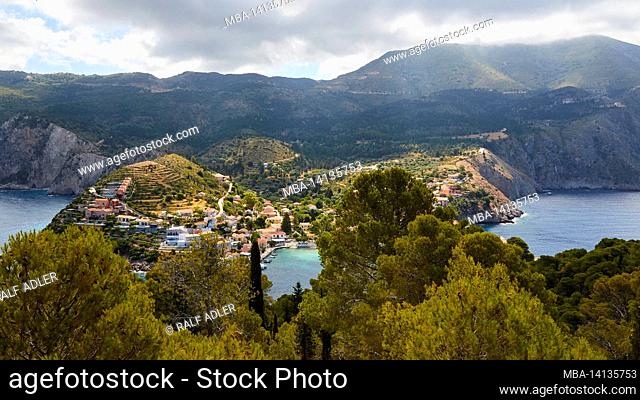 greece, greek islands, ionian islands, kefalonia, assos, place on the west coast, venetian fortress, view from the fortress down to assos, cloudy sky