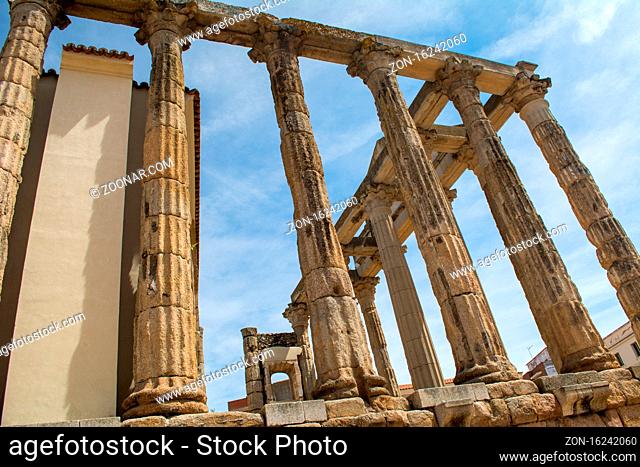 Architectural columns of the roman ruin Temple of Diana in Merida, Extremadura, Spain. Travel and Tourism