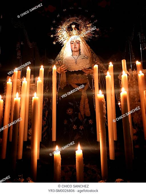 An image of the Virgin Mary is displayed during Semana Santa in Prado del Rey, Sierra de Grazalema, Andalucia, Spain
