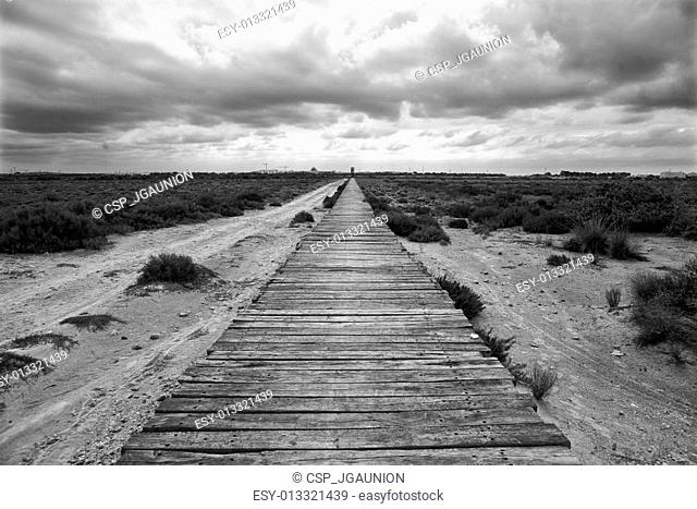 Wooden footbridge structures at Cadiz rivermouth beaches, Spain