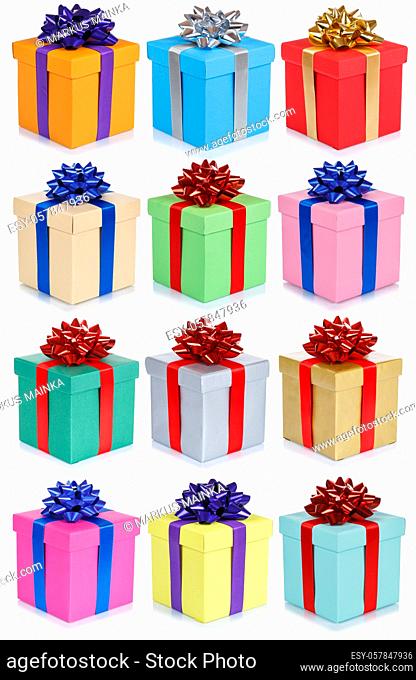 Christmas gifts birthday gift presents background collection collage present isolated on a white background