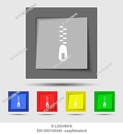 Zipper Icon sign on original five colored buttons. Vector illustration
