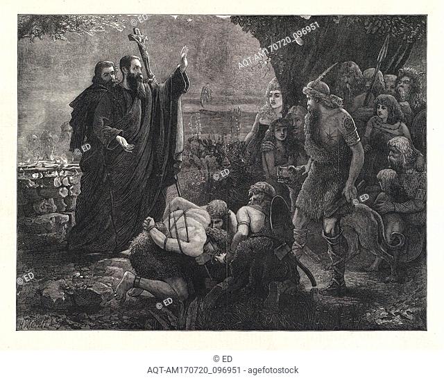 Drawings and Prints, Print, Introduction of Christianity into Britain: Christian Missionaries Interrupting a Human Sacrifice, from the Illustrated London News