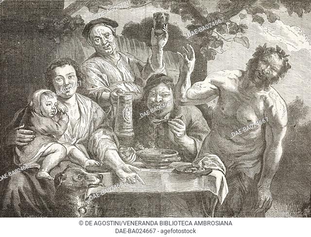 The satyr and peasants, from engraving by Etienne-Gabriel Bocourt (1821-after 1905) from a painting by Jacob Jordaens the Elder (1593-1678)