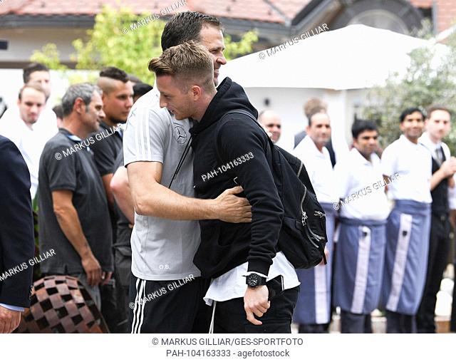 Oliver Bierhoff (Germany / Manager national team) greets Marco Reus. Arrival at Hotel Winnegg Girlan / Appiano. GES / football / preparation for the 2018 World...
