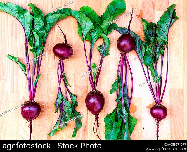 Fresh harvested red beets Crosbys Egyptian on a wooden shelf