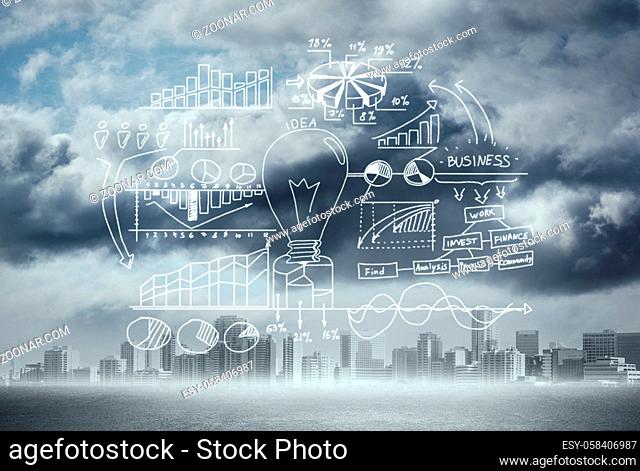 Infographic drawn elements graphs and diagram on cityscape background