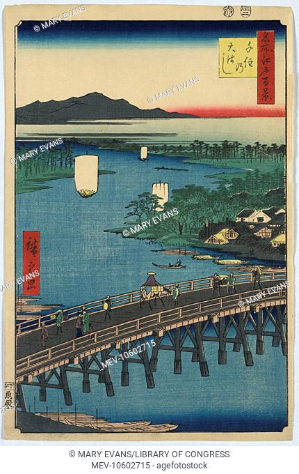 Senju great bridge. Print shows pedestrians and man on horseback crossing the Senju bridge spanning the Sumida River, with a cluster of buildings on the right