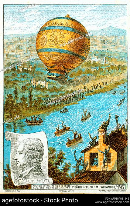 First manned free balloon flight, Pilatre de Rozier and the Marquis d'Arlandes, 21 November 1783, in Montgolfier (hot air) balloon from the Bois de Boulogne