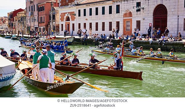 Boats taking part in the Vogalonga reach the finishing point in Canale di Cannaregio Venice, Veneto, Italy, Europe. . . It is a non competitive race first held...