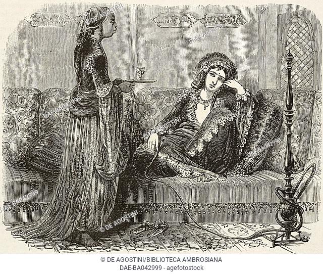 Shinar slave and Turkish women in a harem, Istanbul, Turkey, illustration from L'Illustration, Journal Universel, No 589, Volume XXIII, June 10, 1854