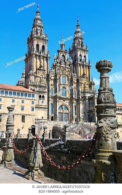 Cathedral from the Parador Hostal Reyes Catolicos, Praza do Obradoiro, Santiago de Compostela, A Coruña province, Galicia, Spain