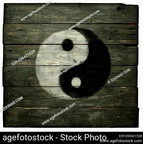yin yang symbol auf alten holzbrettern