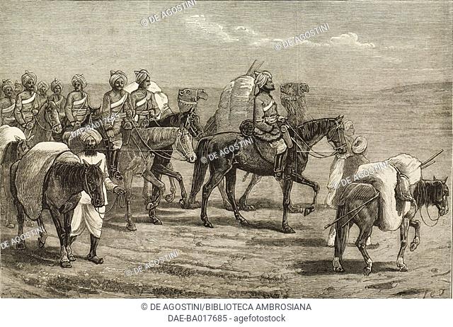The 8th Bengal Cavalry on the march, with baggage ponies, Second Anglo-Afghan War, illustration from the magazine The Graphic, volume XIX, no 475, January 4