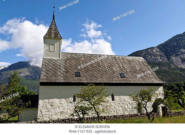 Old Eidfjord Church under a blue sky with a countryside setting, Eidfjord, Hordaland, Hardanger, Norway, Scandinavia, Europe