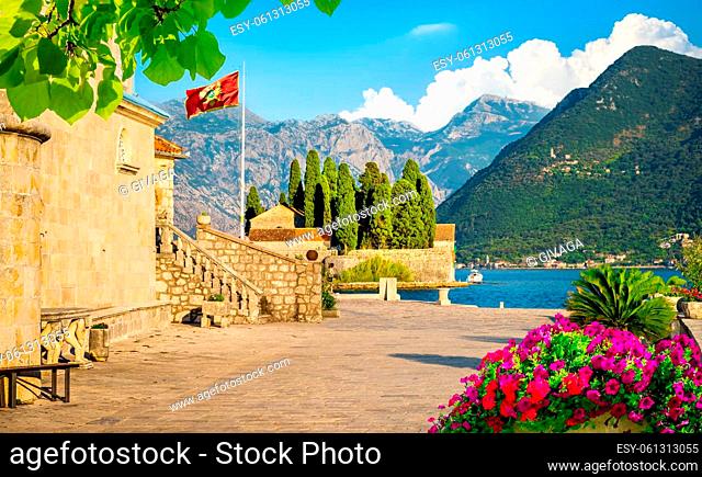 Beautiful mediterranean landscape. George Island near town Perast, Kotor bay, Montenegro