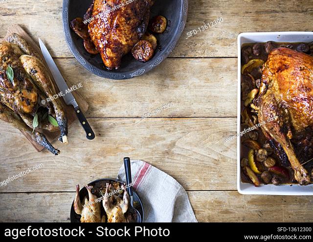 Various roast poultry: Beijing duck, roast chicken, quail, roast guinea fowl