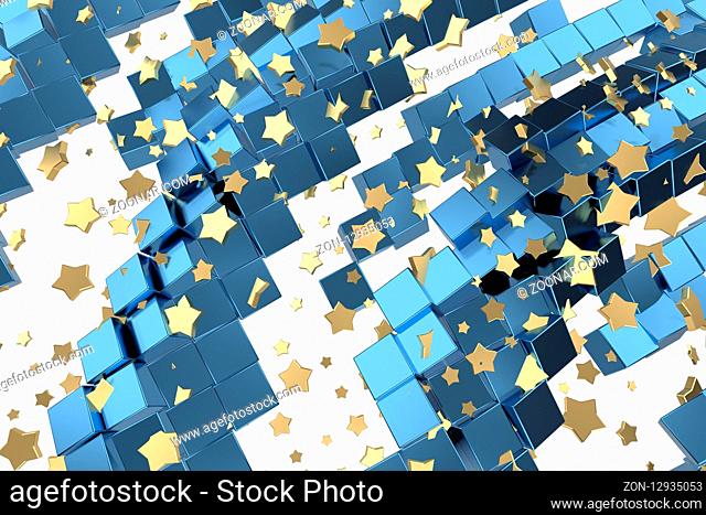 Gold or platinum stars flying over white background and blue box matrix space. Modeling 3d illustration. wealth rich mining bitcoin concept