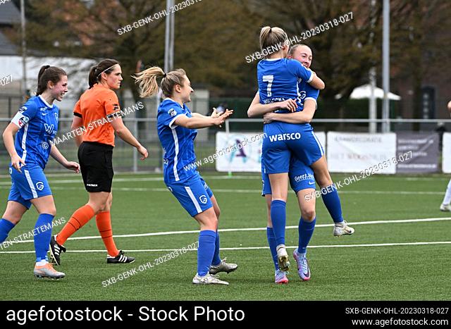 Lisa Petry (9) of Genk pictured celebrating after scoring the 1-0 goal during a female soccer game between Racing Genk Ladies and Oud Heverlee Leuven on the 1st...
