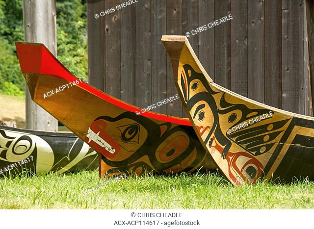 Haida cedar canoes, Skidegate, Haida Heritage Centre at ?ay Llnagaay, Haida Gwaii, formerly known as Queen Charlotte Islands, British Columbia, Canada