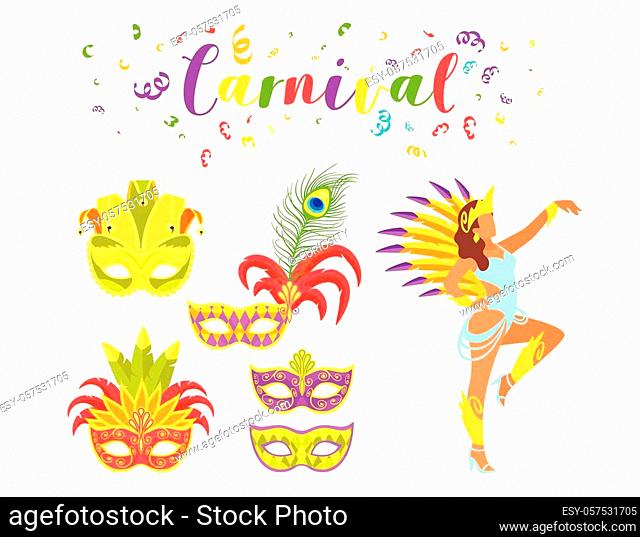 Carnival festive set of masquerade mask and silhouette of woman dancer. Vector illustration on white background