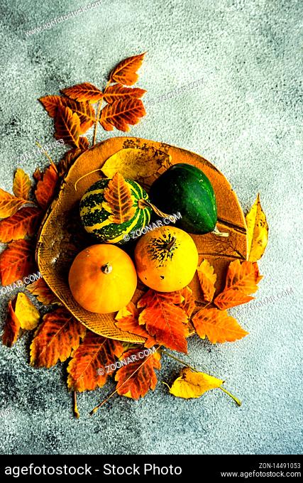 Autumnal table setting with bright yellow leaves and pumpkins on stone background with copy space