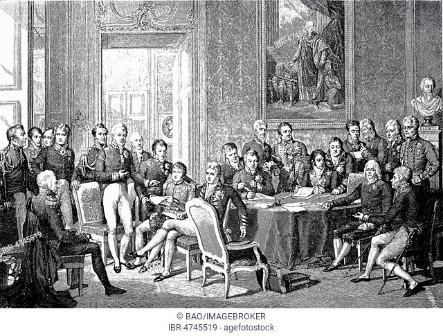The Vienna Congress, from 18 September 1814 to 9 June 1815, was attended by the plenipotentiaries of the eight powers involved in the Paris Peace, woodcut