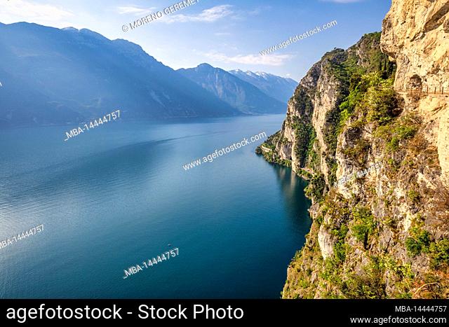 Italy, Trentino, Trento province, Riva del Garda. View of the Garda lake along the Alpine path of the Ponale, cycle and pedestrian path