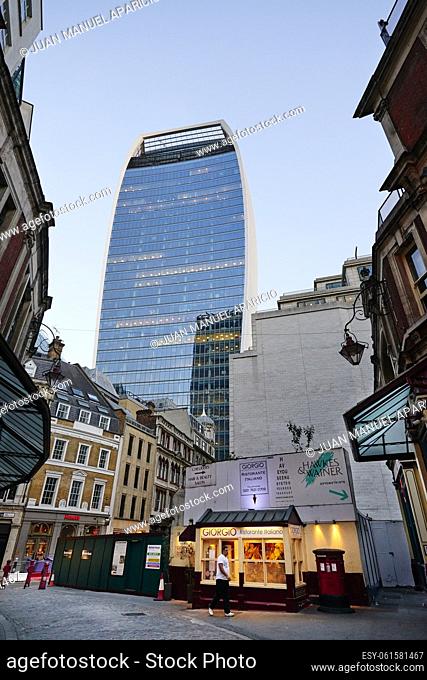 View of Walkie-Talkie Building from Lime St Passage, London, United Kingdom, Europe