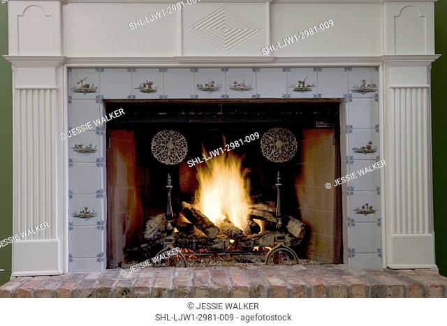 FIREPLACES: Straight view classical styled fireplace, fluted columns, antique tile surround, brick hearth, gas fire, ornate andirons, no screen