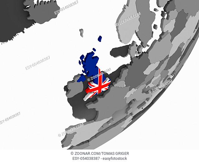 United Kingdom on gray political globe with embedded flag. 3D illustration