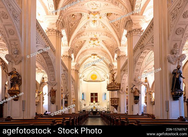 GERMANY, DUSSELDORF - NOVEMBER 7, 2019: View throught the main aisle of the church Saint Andreas on November 7, 2019 in Dusseldorf, Germany
