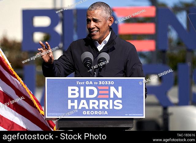 President Barack Obama adresses drive-in rally on election eve to get out the vote for Joe Biden, Jon Ossoff and Raphael Warnock on November 2, 2020 in Atlanta