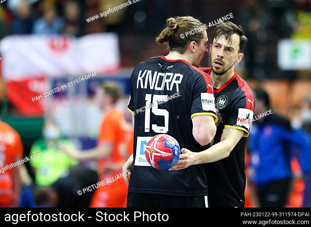 21 January 2023, Poland, Kattowitz: Handball: World Cup, Netherlands - Germany, Main Round, Group 3, Matchday 2 at Spodek Katowice