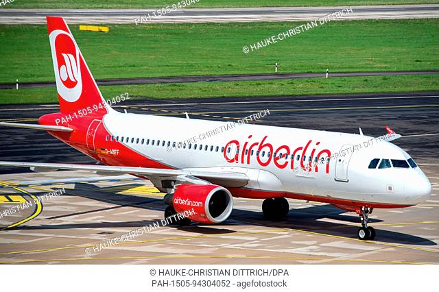 An aircraft type Airbus A320-214 of the airline Air Berlin in a park position at the airport of Dusseldorf (Germany), 03 August 2017