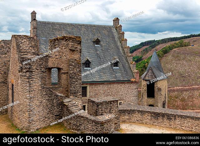 View at old walls ruin medieval castle Bourscheid in Luxembourg