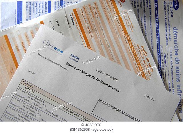 Photo essay. Independent nurse, in Bordeaux, France. Invoices of the cares to health insurance office and medical insurance forms