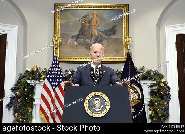 United States President Joe Biden delivers remarks urging the US Congress to pass his national security supplemental request