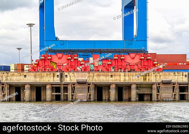 quay crane closeup seen at the Port of Hamburg in Germany