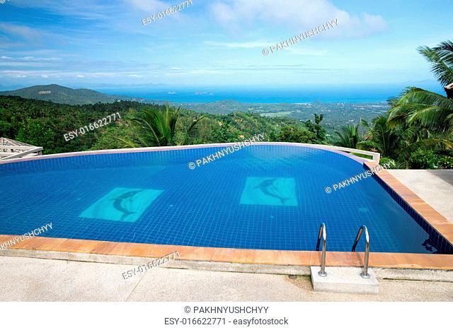 tropical swimming pool with coconut tree