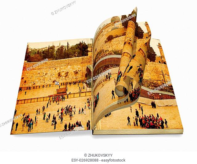 An opened old book with curl a picture Western Wall, Temple Mount, Jerusalem, Israel. Photo in old color image style on white background