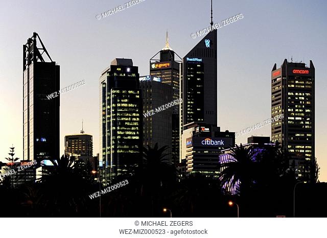 Australia, Perth, central business district, skyscrapers in the evening light