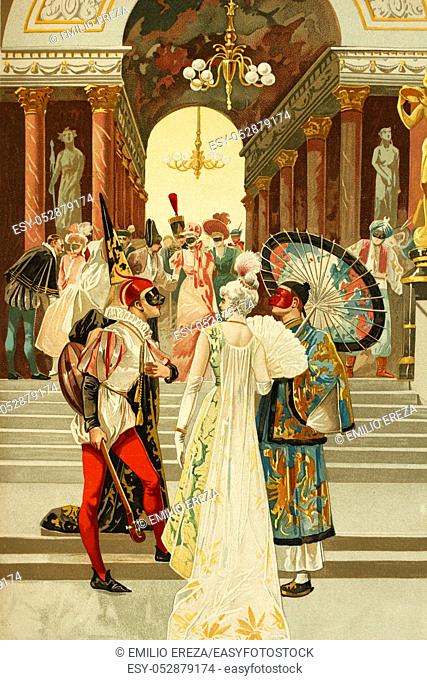 Masquerade. Paris, France. Eighteenth century. Antique illustration. Book of history. 1897